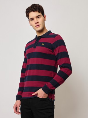 LEE Striped Men Polo Neck Black, Maroon T-Shirt