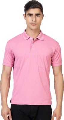 YHA Solid Men Polo Neck Pink T-Shirt