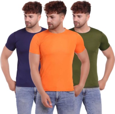 KASPY Solid Men Round Neck Navy Blue, Dark Green, Orange T-Shirt