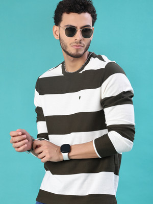 V-MART Striped Men Round Neck Green T-Shirt