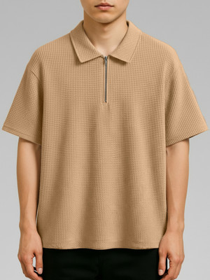 Jump Cuts Self Design Men Polo Neck Beige T-Shirt