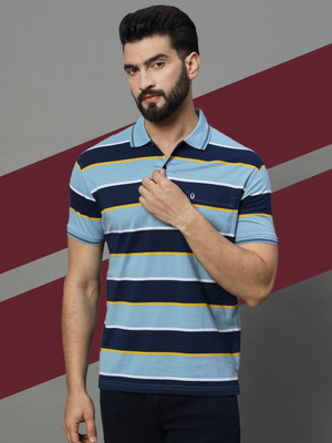 UNIBERRY Striped Men Polo Neck Navy Blue T-Shirt