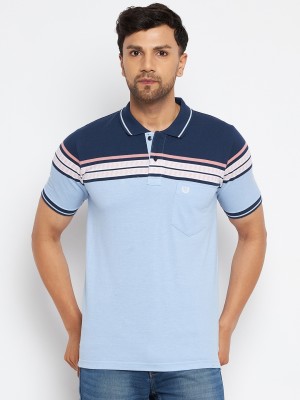 DUKE Striped Men Polo Neck Blue T-Shirt