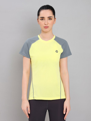 TECHNOSPORT Colorblock Women Round Neck Yellow T-Shirt