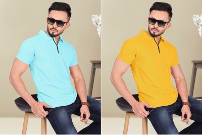 INDICLUB Solid Men Polo Neck Light Green, Yellow T-Shirt