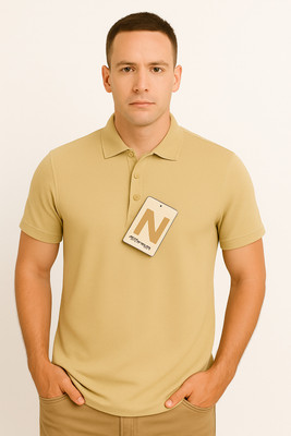 ninjafort Solid Men Polo Neck Beige T-Shirt