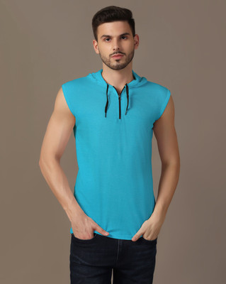 GEUM Solid Men Hooded Neck Light Blue T-Shirt