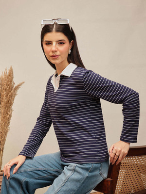 STREET9 Solid Women Polo Neck Blue T-Shirt