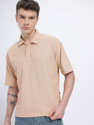Glitchez Self Design Men Polo Neck Beige T-Shirt