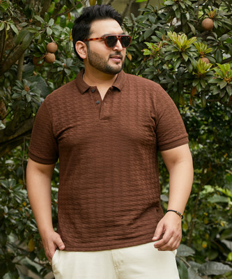 Instafab Plus Self Design Men Polo Neck Brown T-Shirt