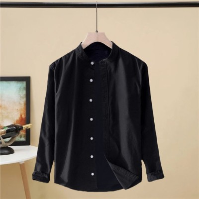 Try This Solid Men Mandarin Collar Black T-Shirt