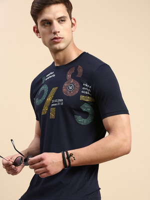 SHOWOFFFF Printed, Typography Men Round Neck Dark Blue T-Shirt