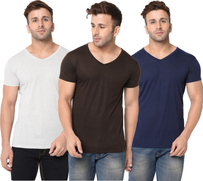 JB Jagoboy Solid Men V Neck Dark Blue, Brown, Grey T-Shirt