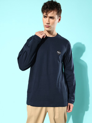 DIFFERENCE OF OPINION Solid Men Round Neck Navy Blue T-Shirt