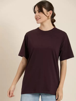 Earthstick Solid Women Round Neck Purple T-Shirt
