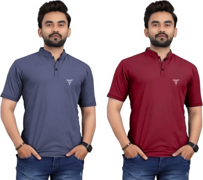 tshirtvala Solid Men Mandarin Collar Grey, Maroon T-Shirt