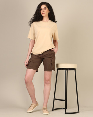 Boldcurve Fashion Solid Women Round Neck Beige T-Shirt