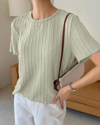 SAVAYO Self Design Women Round Neck Green T-Shirt