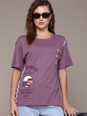 Roadster Printed Women Round Neck Purple T-Shirt