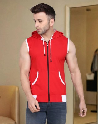 LIFEIDEA Solid Men Hooded Neck Red, White T-Shirt