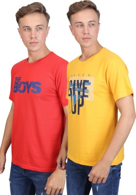 SUPERSQUAD Printed, Typography Men Round Neck Yellow, Red T-Shirt