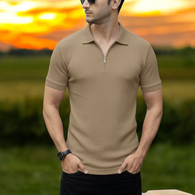 The Stanch Self Design Men Polo Neck Beige T-Shirt