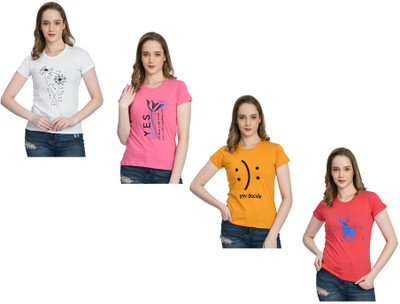 IndiWeaves Printed Women Round Neck White, Yellow, Gold T-Shirt