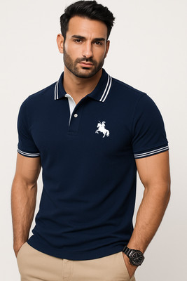 SCATCHITE Solid Men Polo Neck Navy Blue T-Shirt