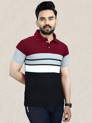 StitchNex Colorblock Men Polo Neck Maroon T-Shirt