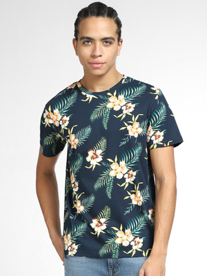 JACK & JONES Floral Print Men Round Neck Dark Blue T-Shirt