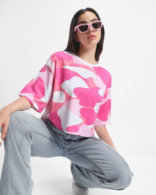 BEWAKOOF Printed Women Round Neck Pink T-Shirt