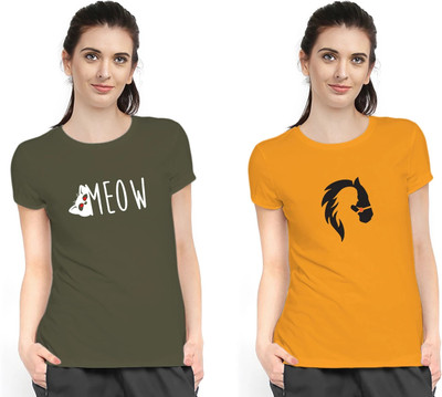 Stylimo Printed Women Round Neck Green, Yellow T-Shirt