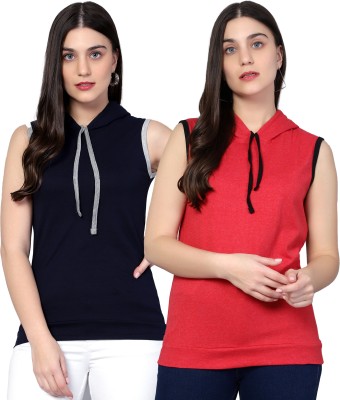 Ayvina Solid Women Hooded Neck Red, Navy Blue T-Shirt