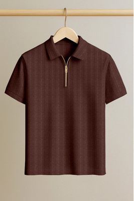 COMBRAIDED Striped Men Stylised Neck Brown T-Shirt