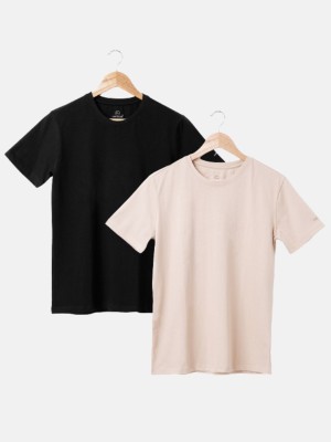 Air Garb Solid Men Round Neck Beige, Black T-Shirt