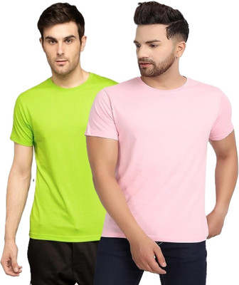 FIVEFEB Solid Men Round Neck Light Green, Pink T-Shirt