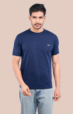 Fashion Territory Solid Men Round Neck Navy Blue T-Shirt
