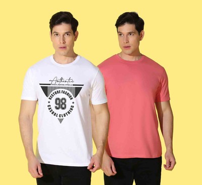 WOOSTRO Typography, Solid Men Round Neck White, Pink T-Shirt