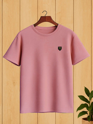 Yazole Solid Men Round Neck Pink T-Shirt