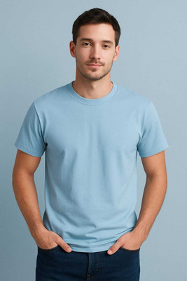 HANVIK Solid Men Round Neck Light Blue T-Shirt