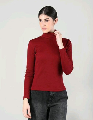 JAK AND UD Solid Women Round Neck Maroon T-Shirt