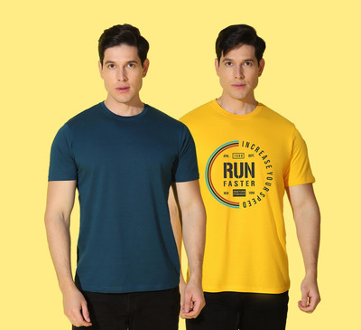 WOOSTRO Solid, Printed Men Round Neck Dark Blue, Yellow T-Shirt
