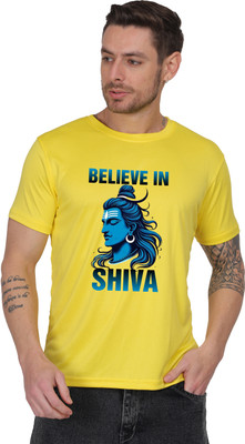 Saras Printed Men Round Neck Reversible Yellow T-Shirt