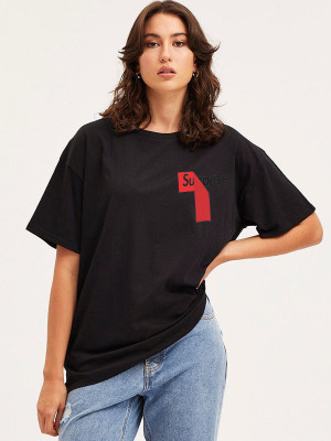 LIME Typography Women Round Neck Black, Red T-Shirt
