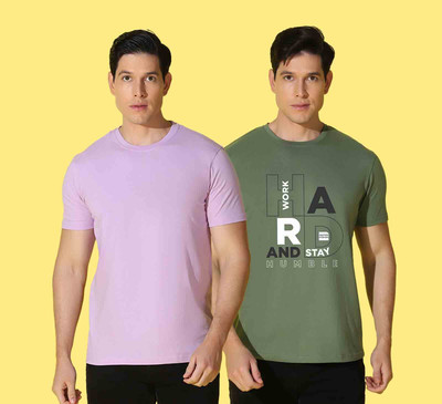 WOOSTRO Solid, Typography Men Round Neck Pink, Dark Green T-Shirt