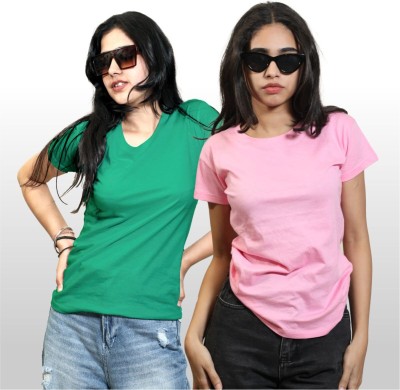 STHULAS Solid Women Round Neck Pink T-Shirt