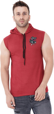 Blisstone Solid Men Hooded Neck Maroon T-Shirt