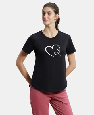 GLITO Printed Women Round Neck Black T-Shirt