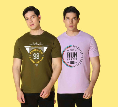 WOOSTRO Printed, Solid Men Round Neck Green, Purple T-Shirt