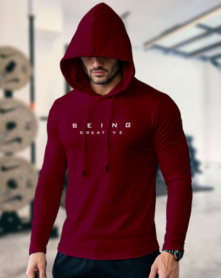 ENITOR Printed Men Hooded Neck Maroon T-Shirt